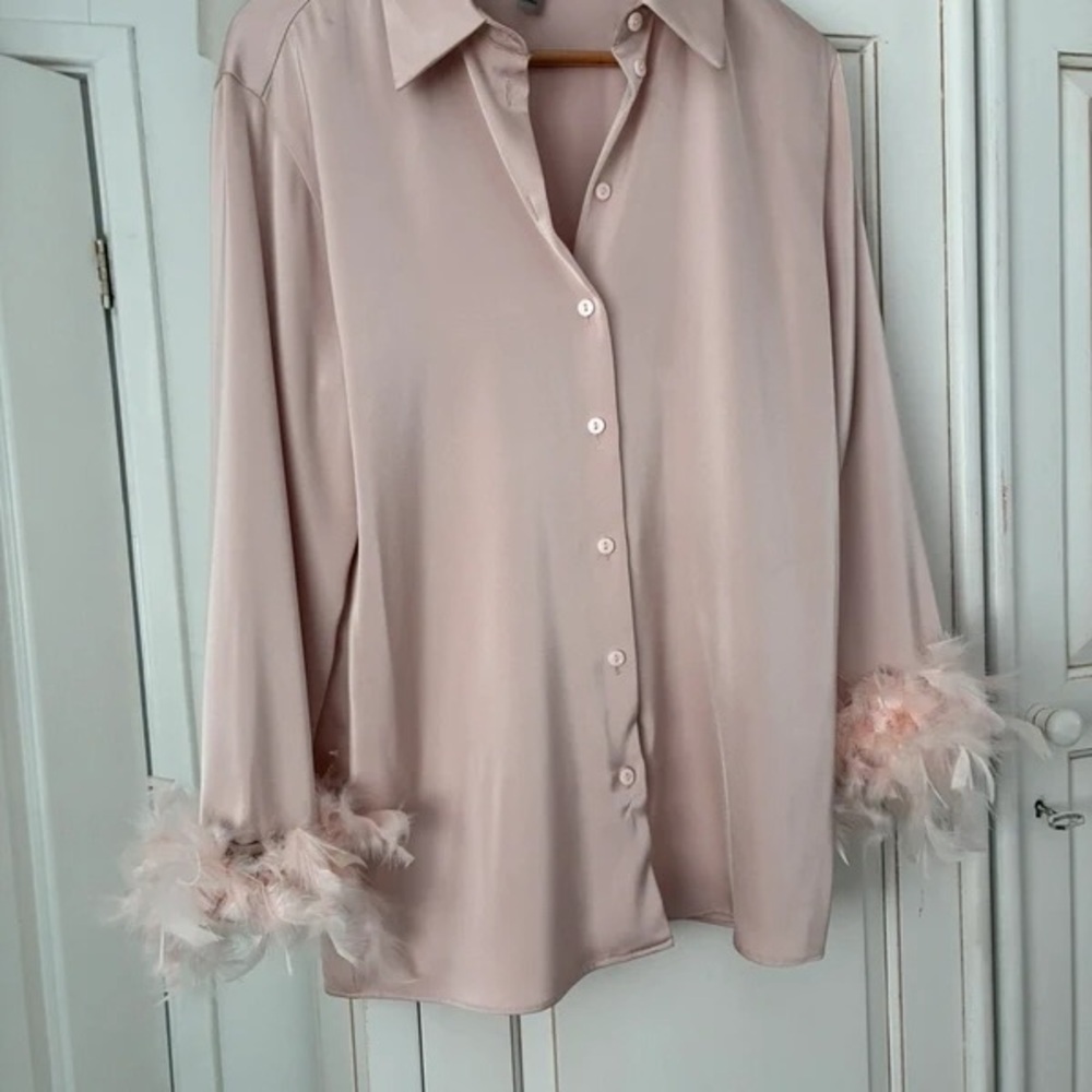 New Look Pink Feather-Trimmed Button Down Shirt